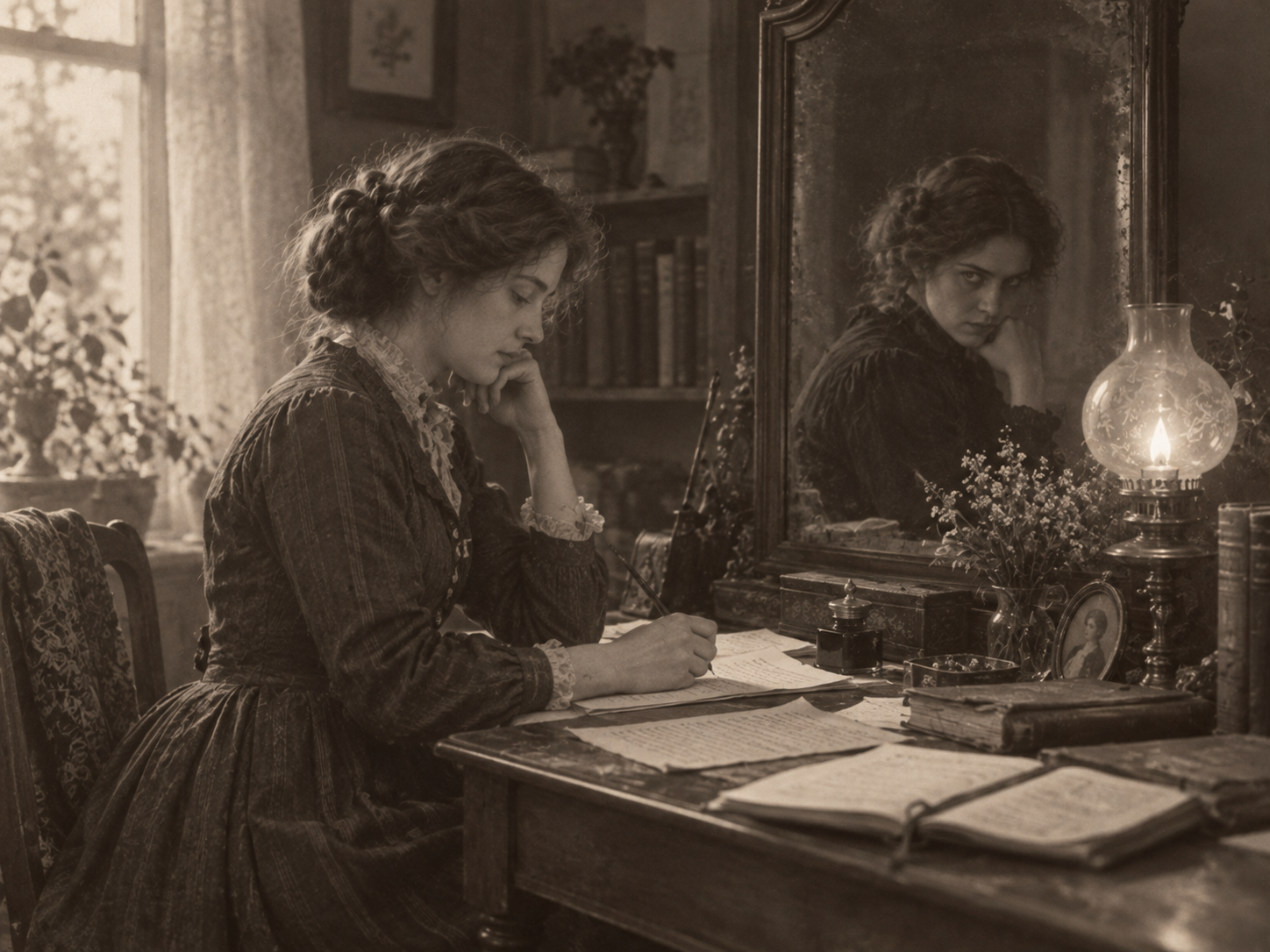 Illustration éditoriale de Louisa May Alcott et son double maléfique